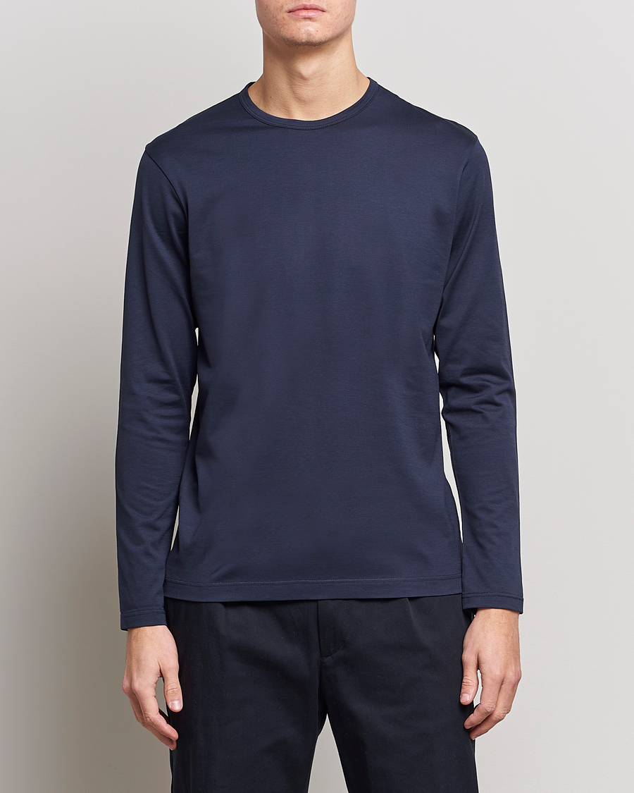 Homme | T-shirts À Manches Longues | Sunspel | Long Sleeve Crew Neck Cotton Tee Navy