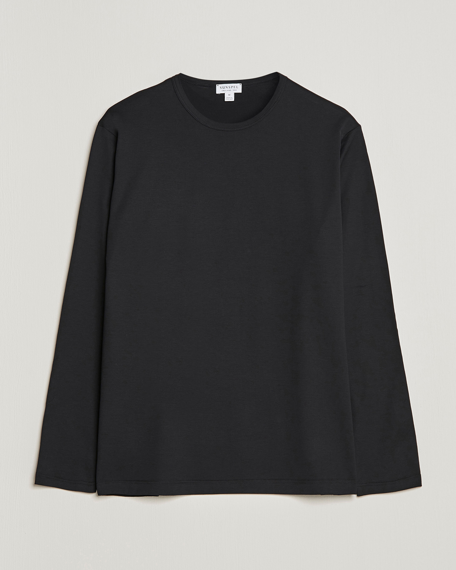 Homme | T-shirts | Sunspel | Long Sleeve Crew Neck Cotton Tee Black