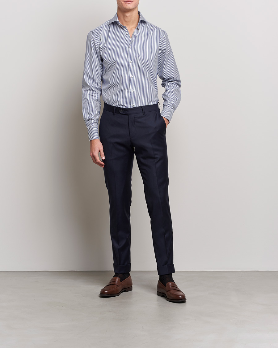 Men |  | Stenströms | Fitted Body Stripe Shirt White/Blue