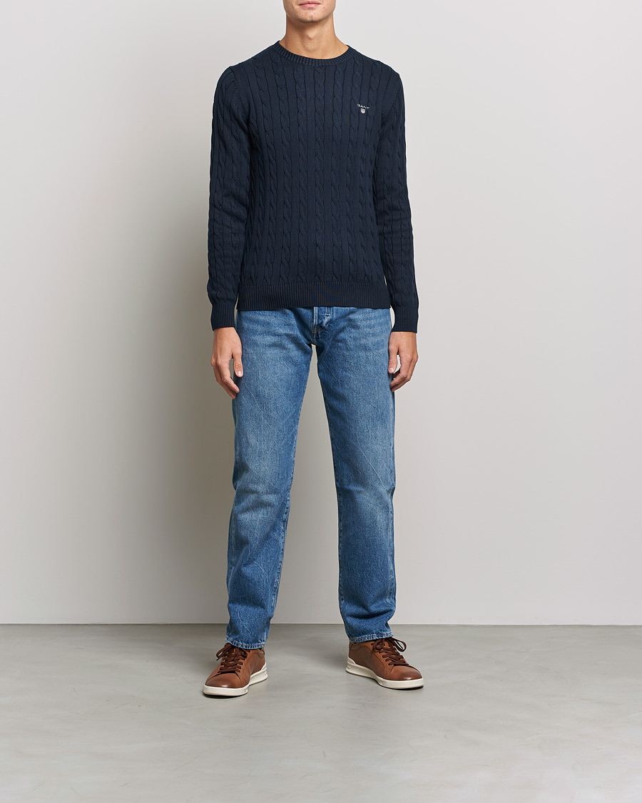 Homme | Pulls Et Tricots | GANT | Cotton Cable Crew Neck Pullover Evening Blue