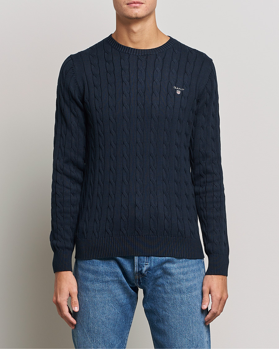 Homme | Pulls Et Tricots | GANT | Cotton Cable Crew Neck Pullover Evening Blue