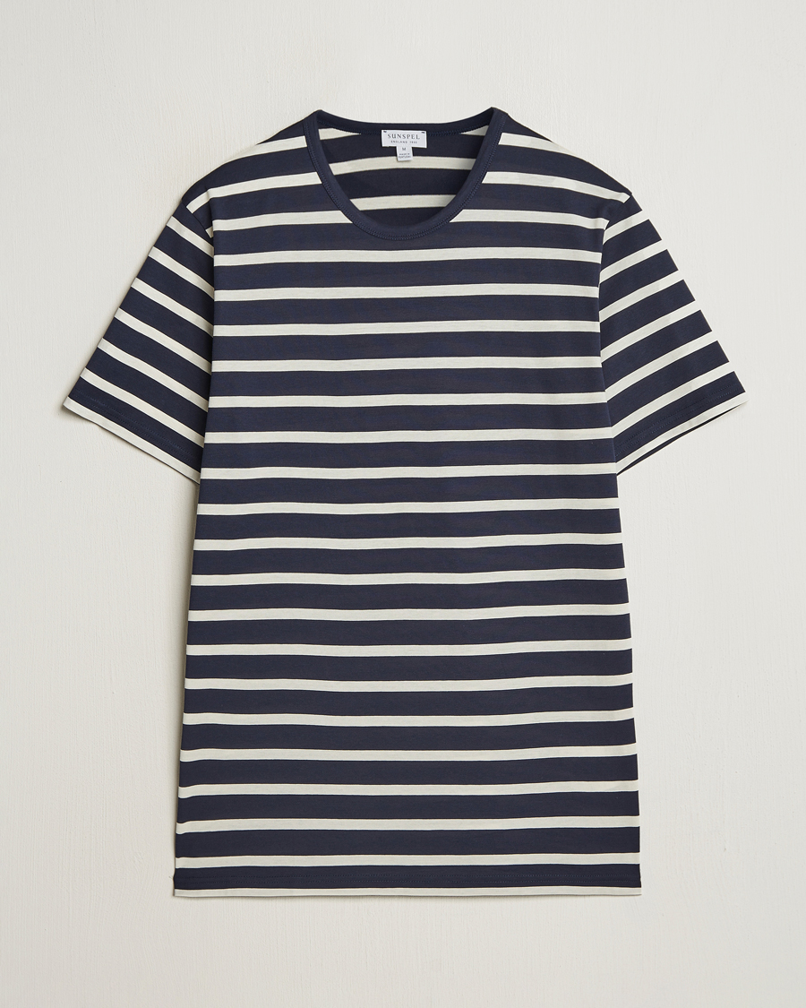 Homme | T-shirts | Sunspel | Striped Crew Neck Q82 Cotton T-Shirt Navy/Ecru