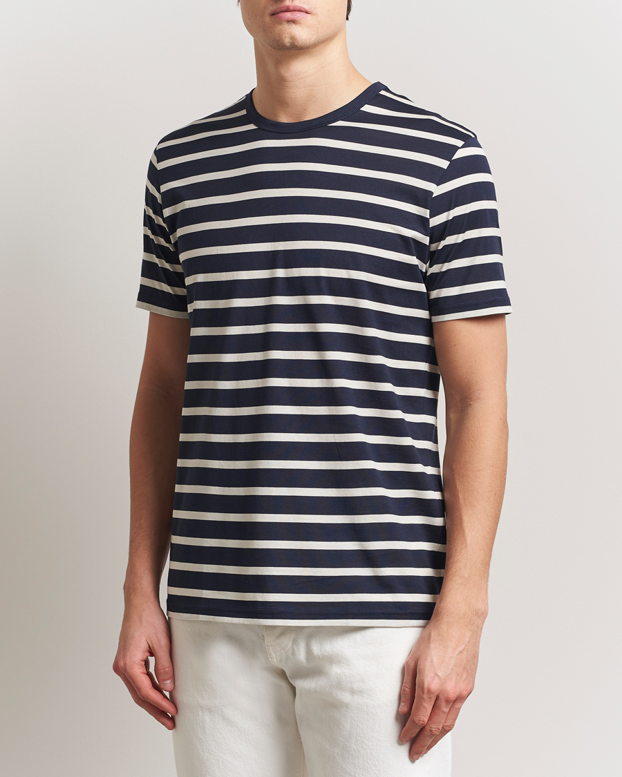 Homme | T-shirts | Sunspel | Striped Crew Neck Q82 Cotton T-Shirt Navy/Ecru