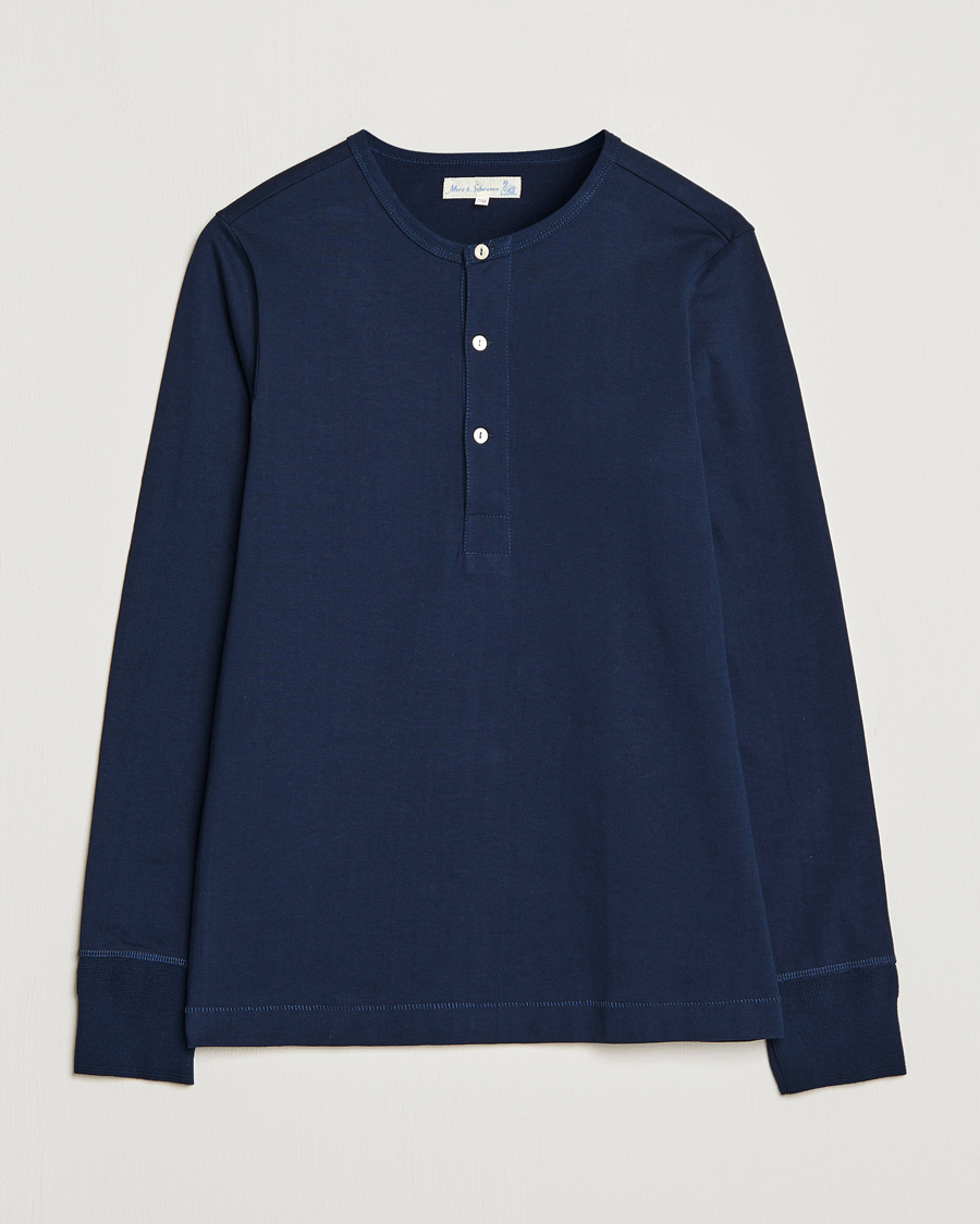 Homme | Pulls Et Tricots | Merz b. Schwanen | Classic Organic Cotton Henley Sweater Ink Blue