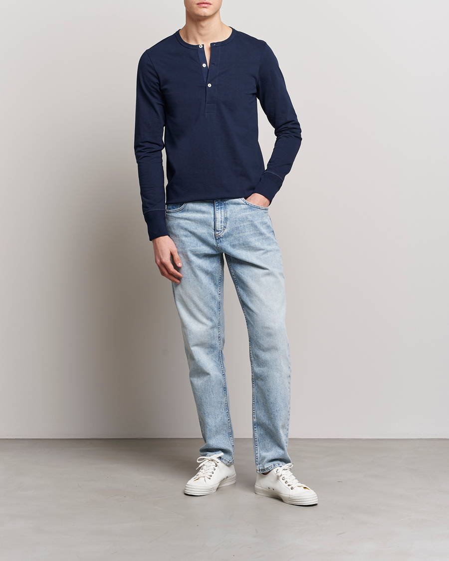 Homme | Pulls Et Tricots | Merz b. Schwanen | Classic Organic Cotton Henley Sweater Ink Blue
