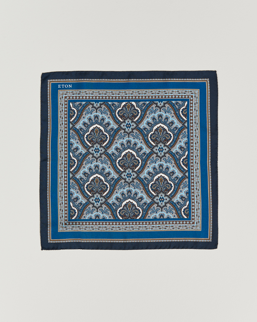 Homme | Eton Silk Paisley Print Pocket Square Blue | Eton | Silk Paisley Print Pocket Square Blue