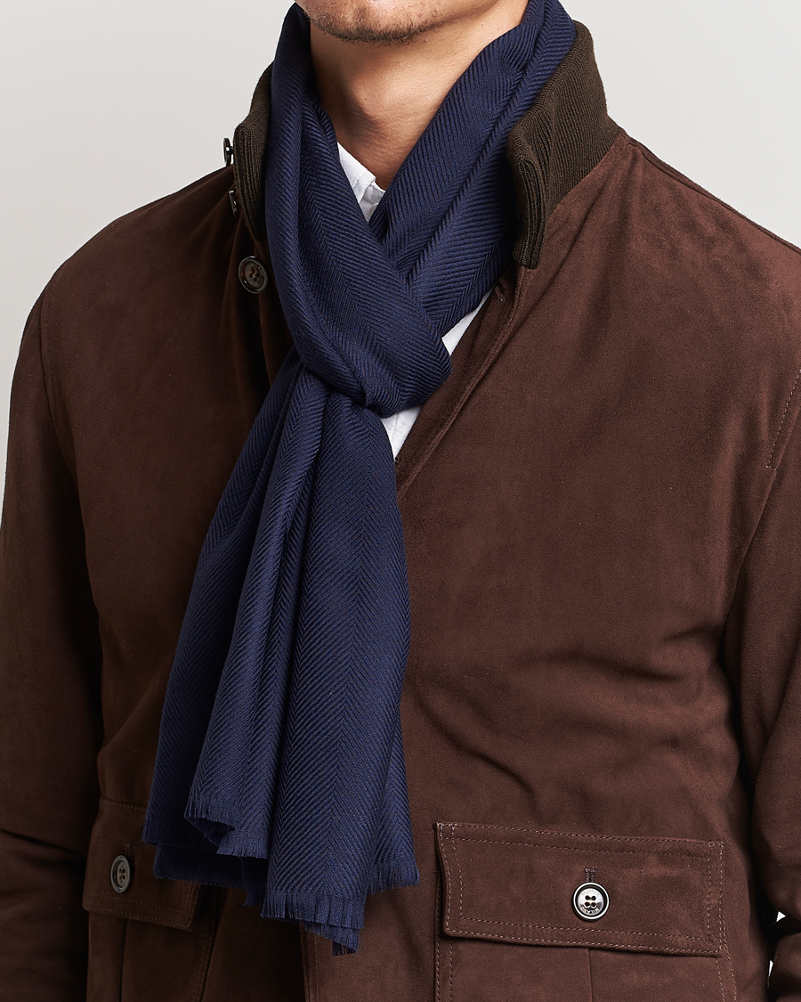Homme | Eton Merino Wool Herringbone Scarf Navy | Eton | Merino Wool Herringbone Scarf Navy