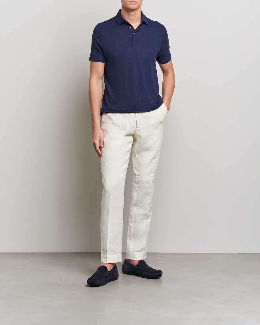 Homme | Polos | Stenströms | Linen Polo Shirt Navy