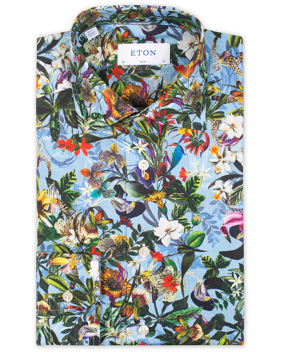 Homme | Chemises | Eton | Slim Fit Twill Printed Flower Shirt Blue Green
