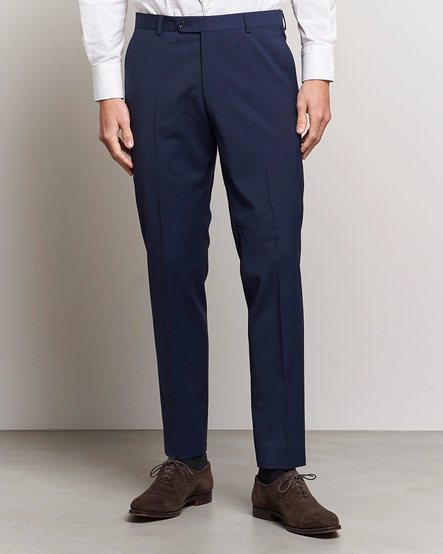 Homme | Pantalons De Costume | Oscar Jacobson | Denz Wool Stretch Trousers Blue
