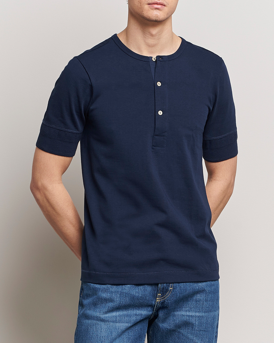 Homme | Pulls Et Tricots | Merz b. Schwanen | Short Sleeve Organic Cotton Henley Ink Blue