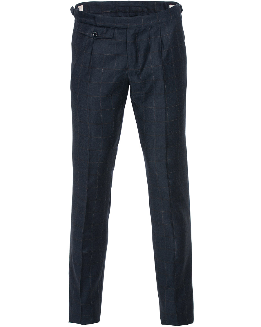 Homme | Pantalons | Incotex | Slim Fit Side-adjuster Windowpane Flannel Trousers Navy