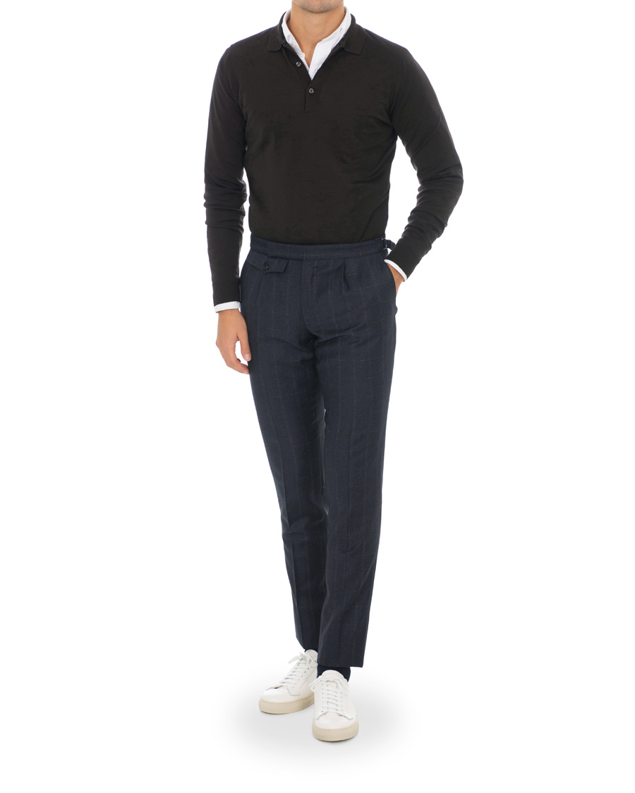 Homme | Pantalons | Incotex | Slim Fit Side-adjuster Windowpane Flannel Trousers Navy