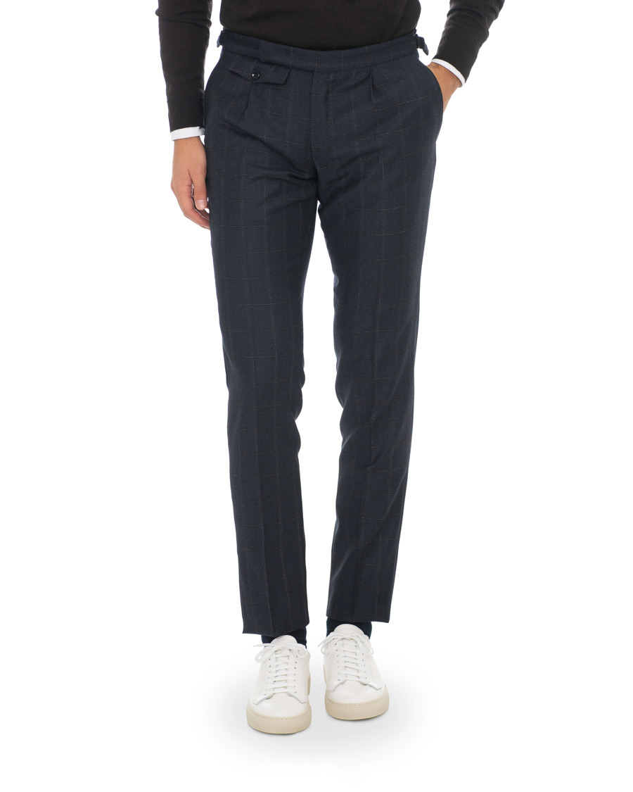Homme | Pantalons | Incotex | Slim Fit Side-adjuster Windowpane Flannel Trousers Navy