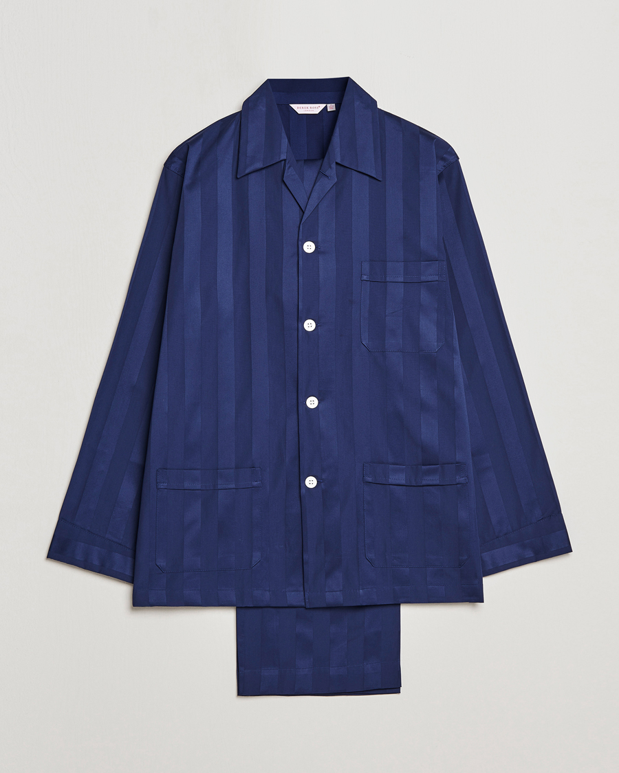 Homme | Peignoirs Et Pyjamas | Derek Rose | Striped Cotton Satin Pyjama Set Navy
