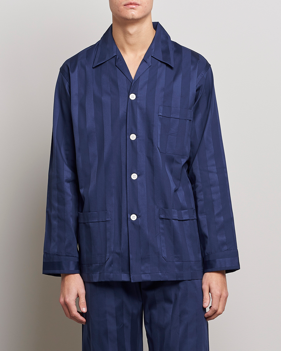 Homme | Pour Les Connaisseurs | Derek Rose | Striped Cotton Satin Pyjama Set Navy