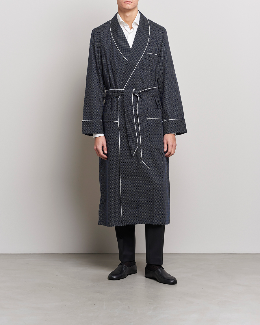 Homme | Peignoirs Et Pyjamas | Derek Rose | Polka Dot Cotton Satin Dressing Gown Navy
