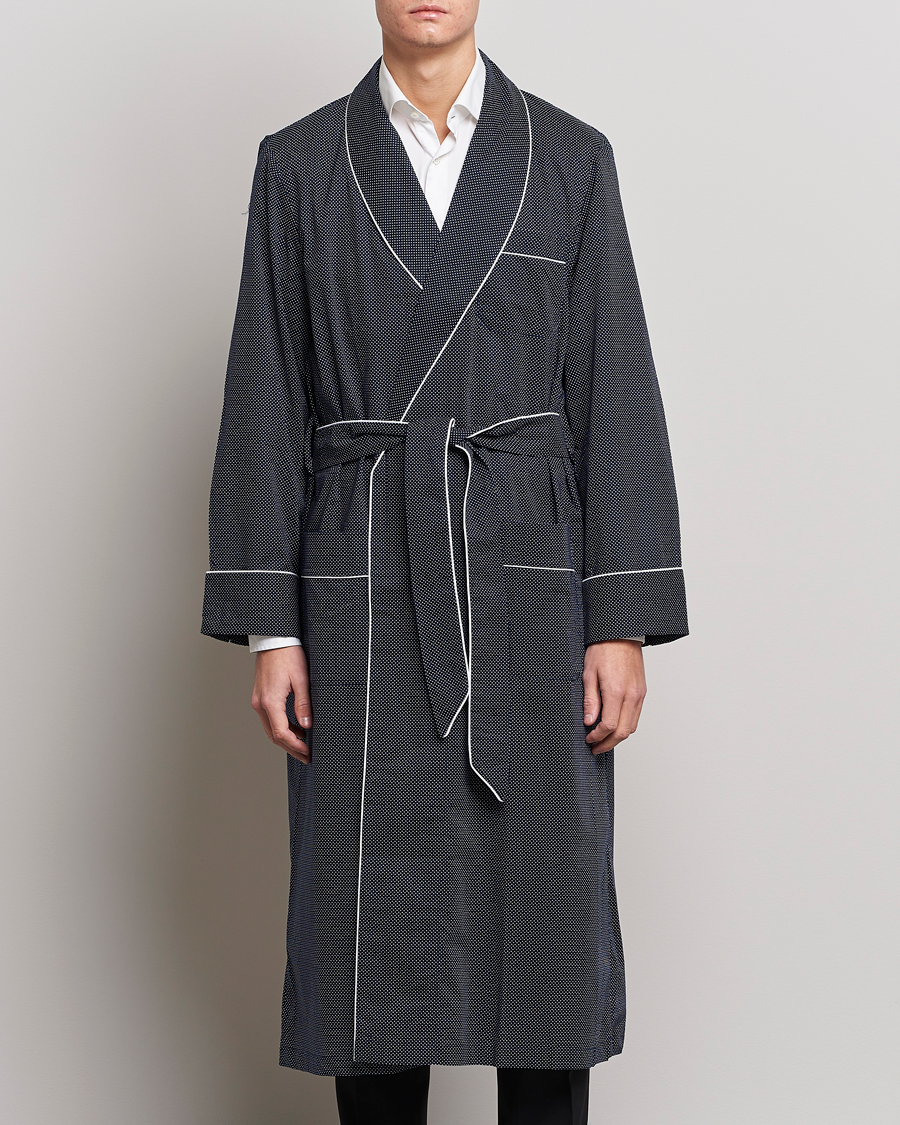 Homme | Peignoirs Et Pyjamas | Derek Rose | Polka Dot Cotton Satin Dressing Gown Navy