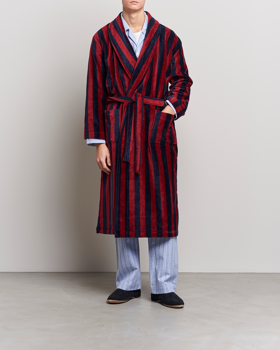 Homme | Peignoirs Et Pyjamas | Derek Rose | Cotton Velour Striped Gown Red/Blue