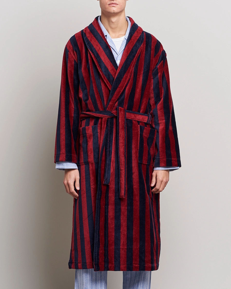 Homme |  | Derek Rose | Cotton Velour Striped Gown Red/Blue