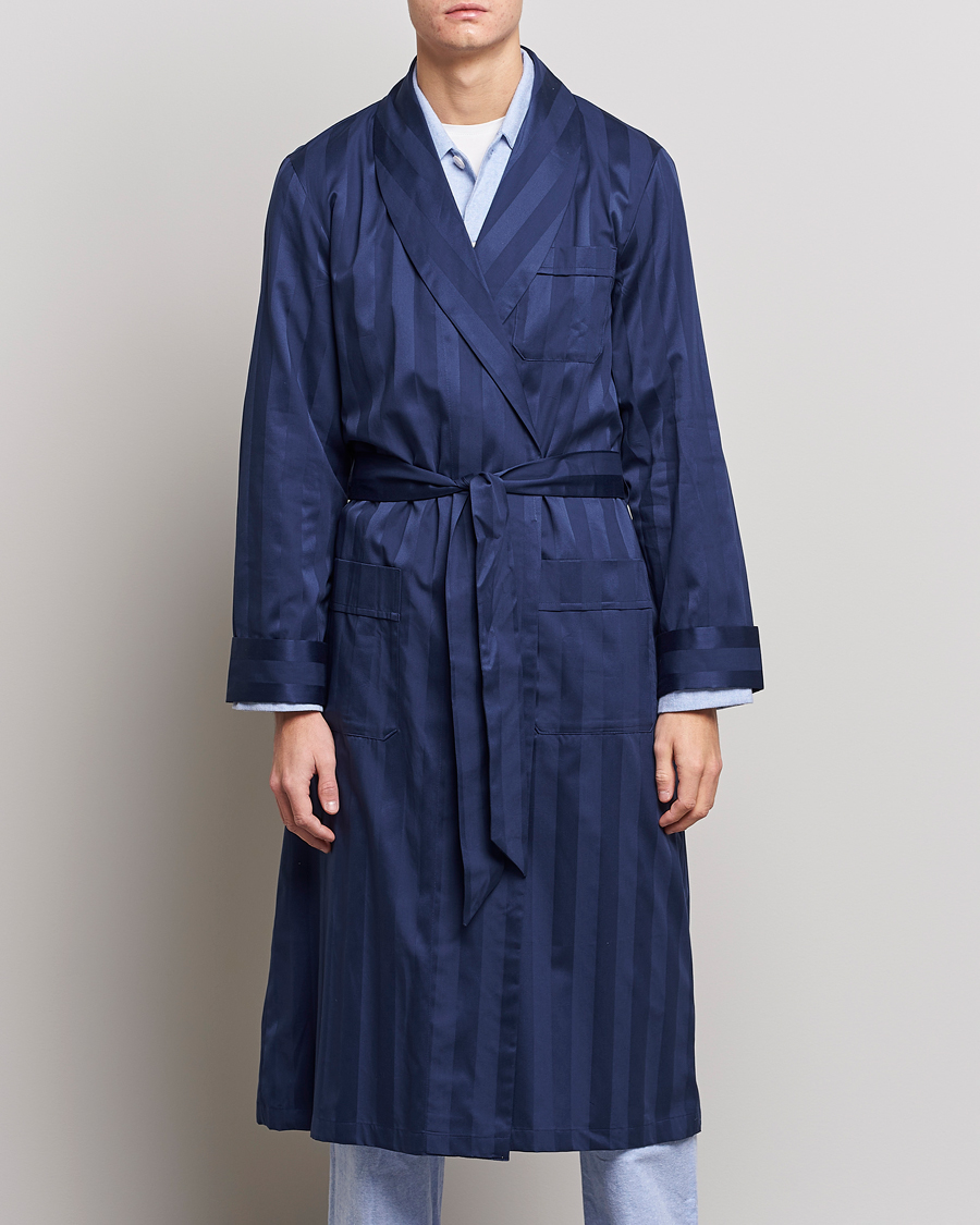 Homme | Loungewear | Derek Rose | Striped Cotton Satin Dressing Gown Navy/Navy