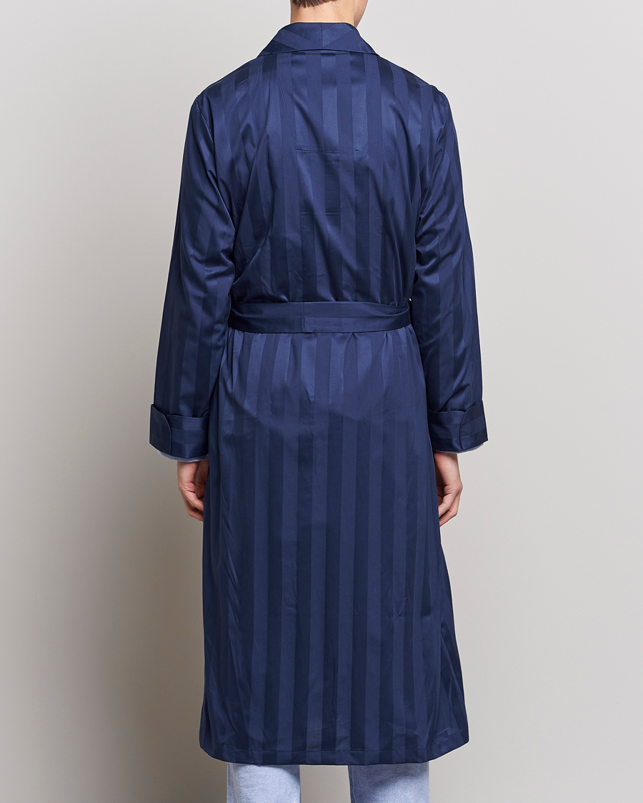 Homme | Peignoirs Et Pyjamas | Derek Rose | Striped Cotton Satin Dressing Gown Navy/Navy