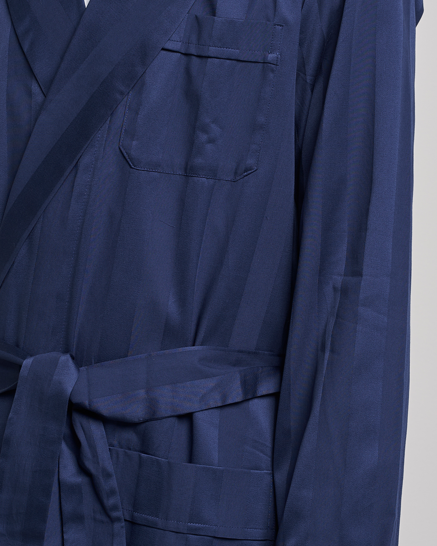 Homme | Peignoirs Et Pyjamas | Derek Rose | Striped Cotton Satin Dressing Gown Navy/Navy