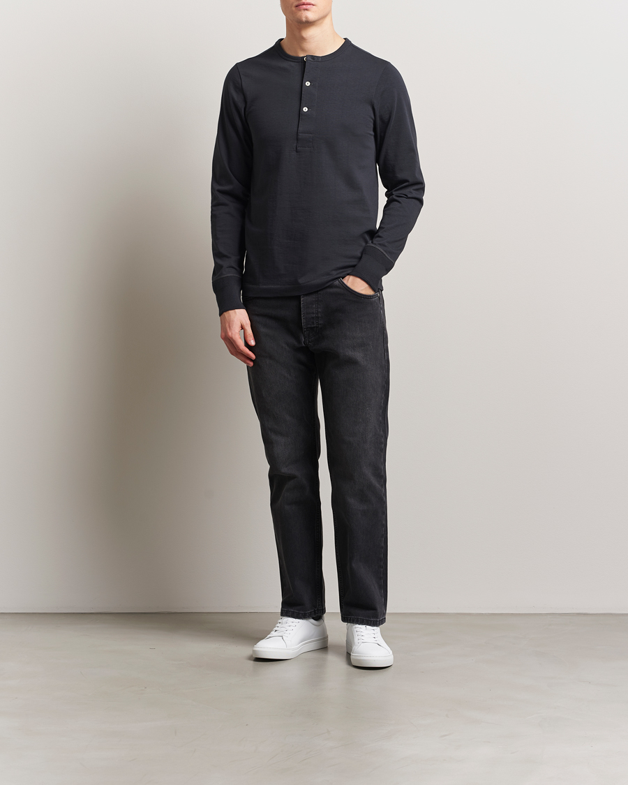 Homme | Pulls Et Tricots | Merz b. Schwanen | Classic Organic Cotton Henley Sweater Charcoal