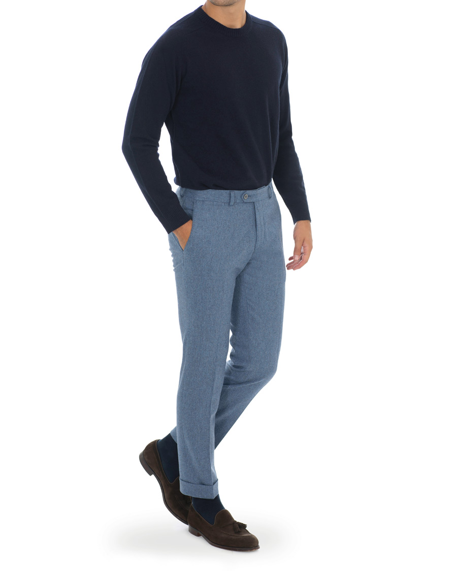 Homme | Pantalons | Oscar Jacobson | Dean Turn Up Flannel Trousers Light Blue
