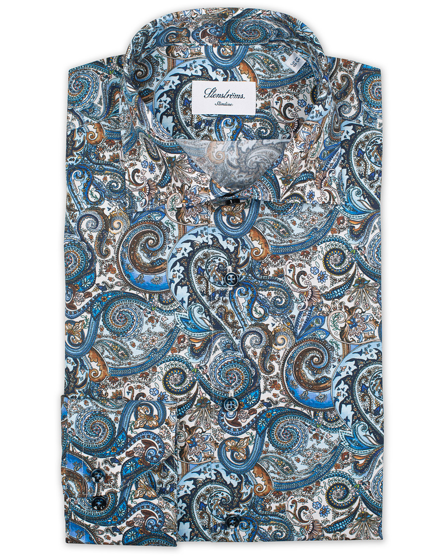 Homme | Chemises | Stenströms | Slimline Printed Paisley Shirt White/Blue