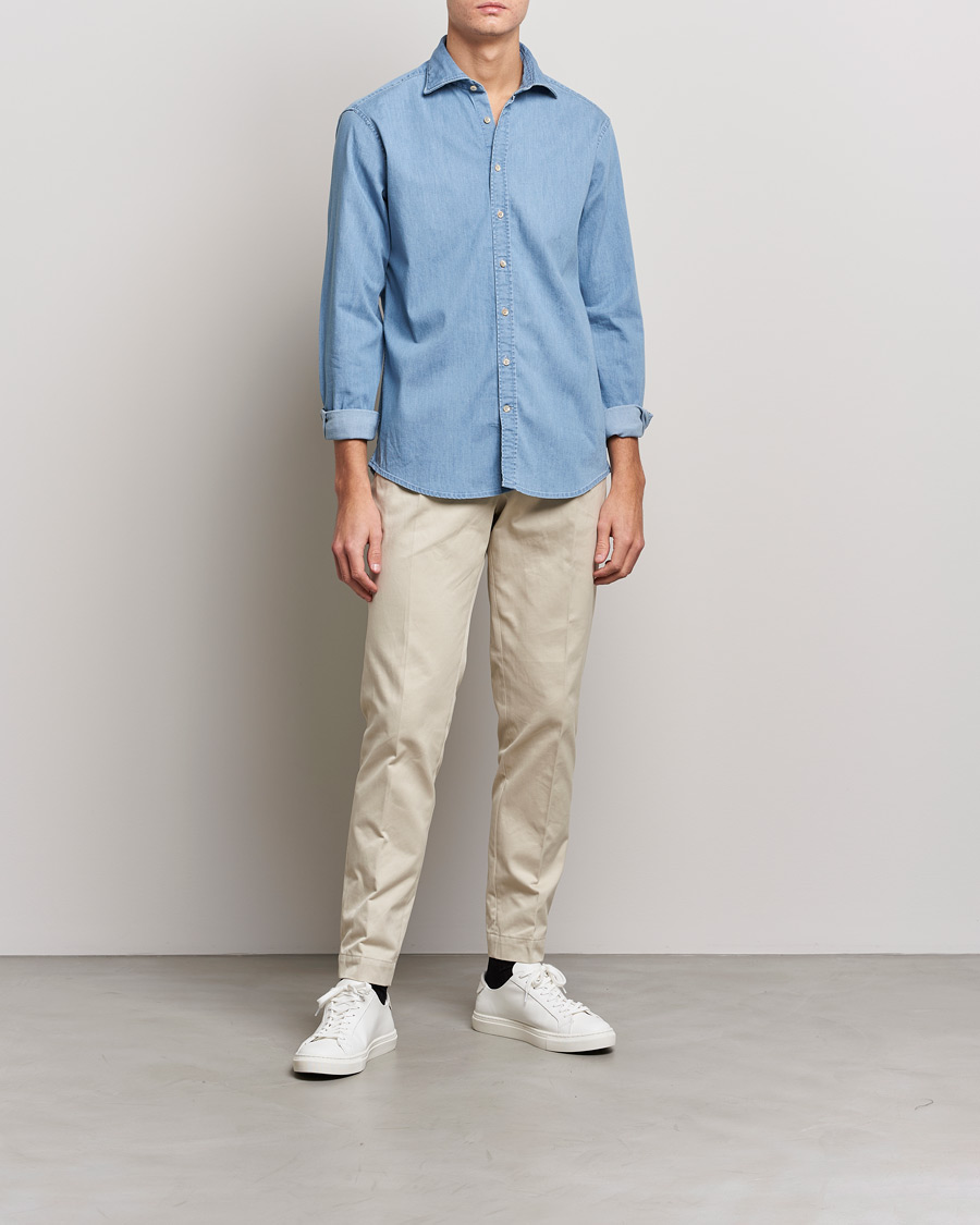 Homme | Chemises | Stenströms | Fitted Body Garment Washed Shirt Light Denim