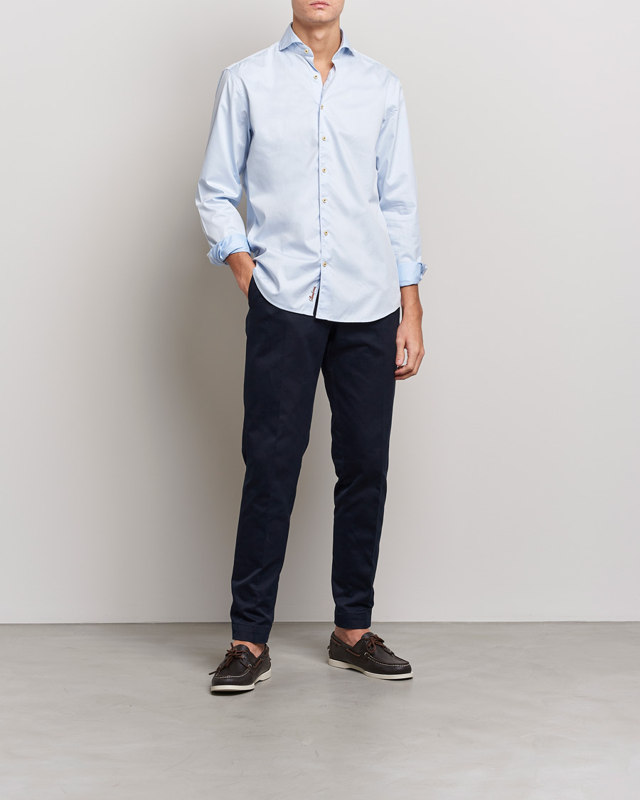 Homme | Chemises | Stenströms | Fitted Body Washed Cotton Plain Shirt Light Blue