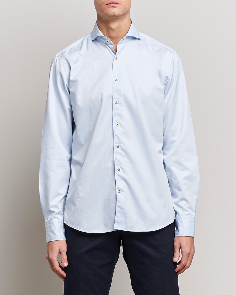 Homme |  | Stenströms | Fitted Body Washed Cotton Plain Shirt Light Blue