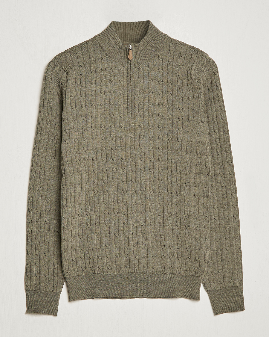 Homme | Pulls Et Tricots | Stenströms | Merino Wool Cable Half Zip Olive