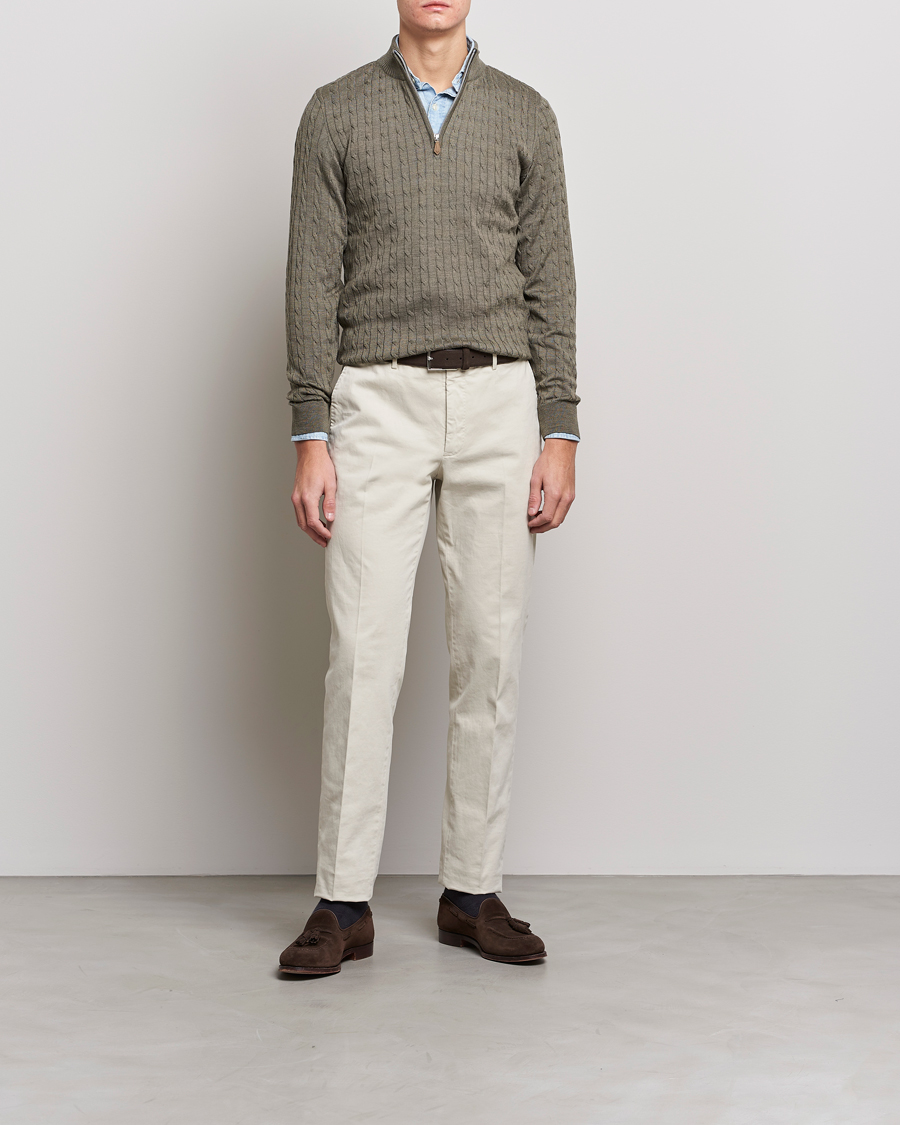 Homme | Pulls Et Tricots | Stenströms | Merino Wool Cable Half Zip Olive