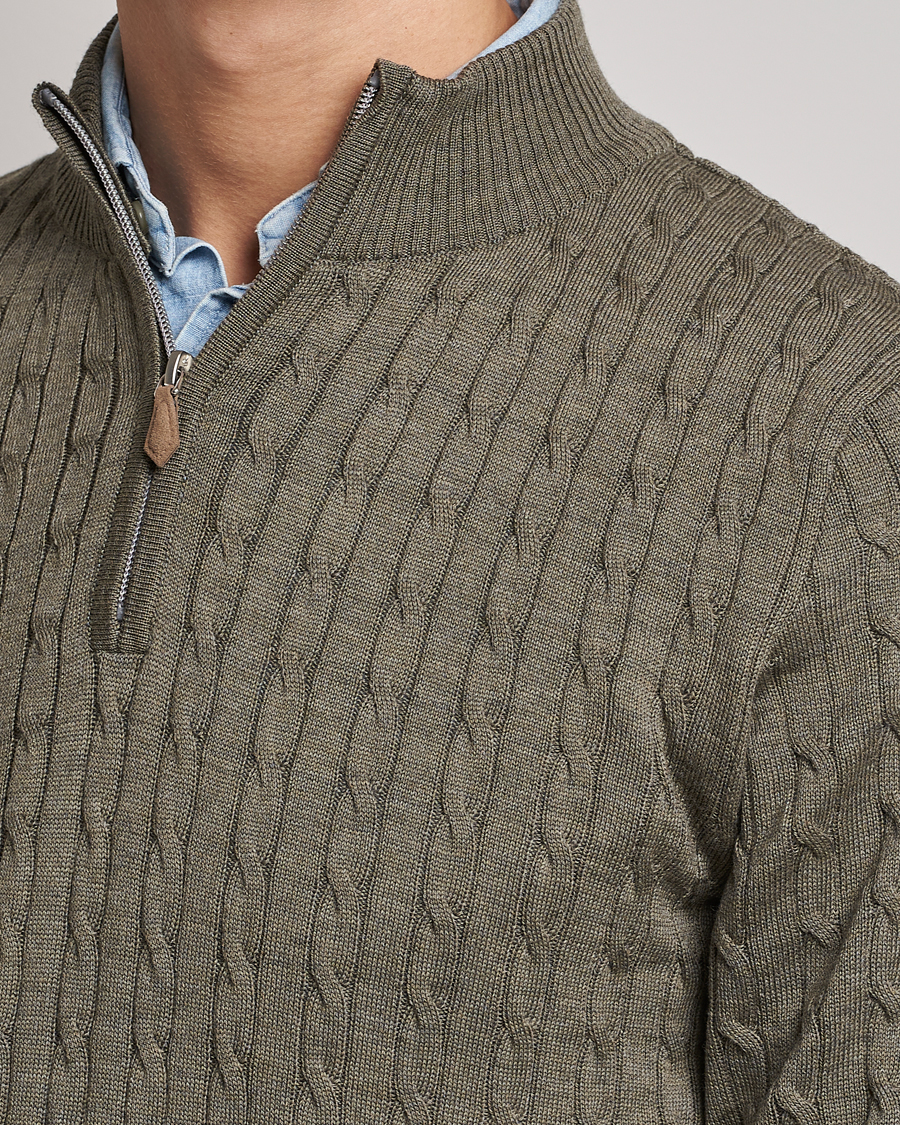 Homme | Pulls Et Tricots | Stenströms | Merino Wool Cable Half Zip Olive