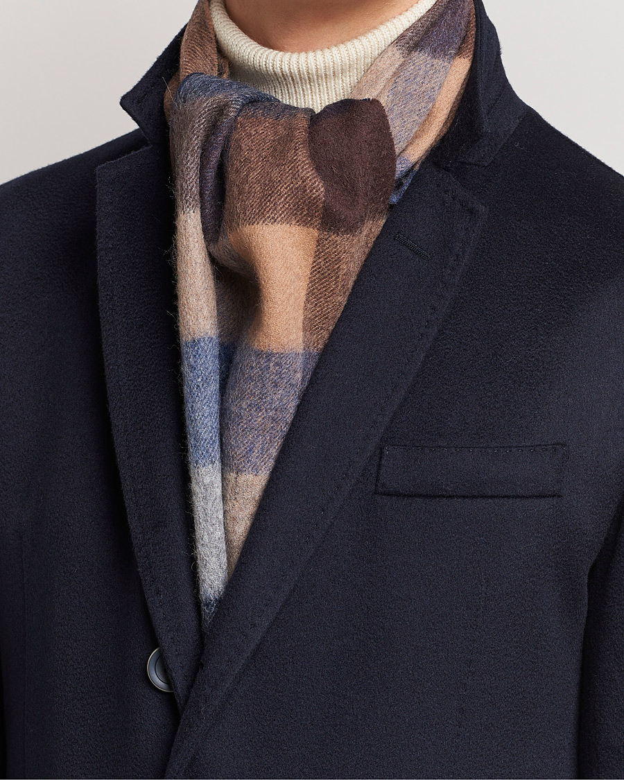 Homme | Amanda Christensen Wool Block Check Scarf Navy/Brown | Amanda Christensen | Wool Block Check Scarf Navy/Brown