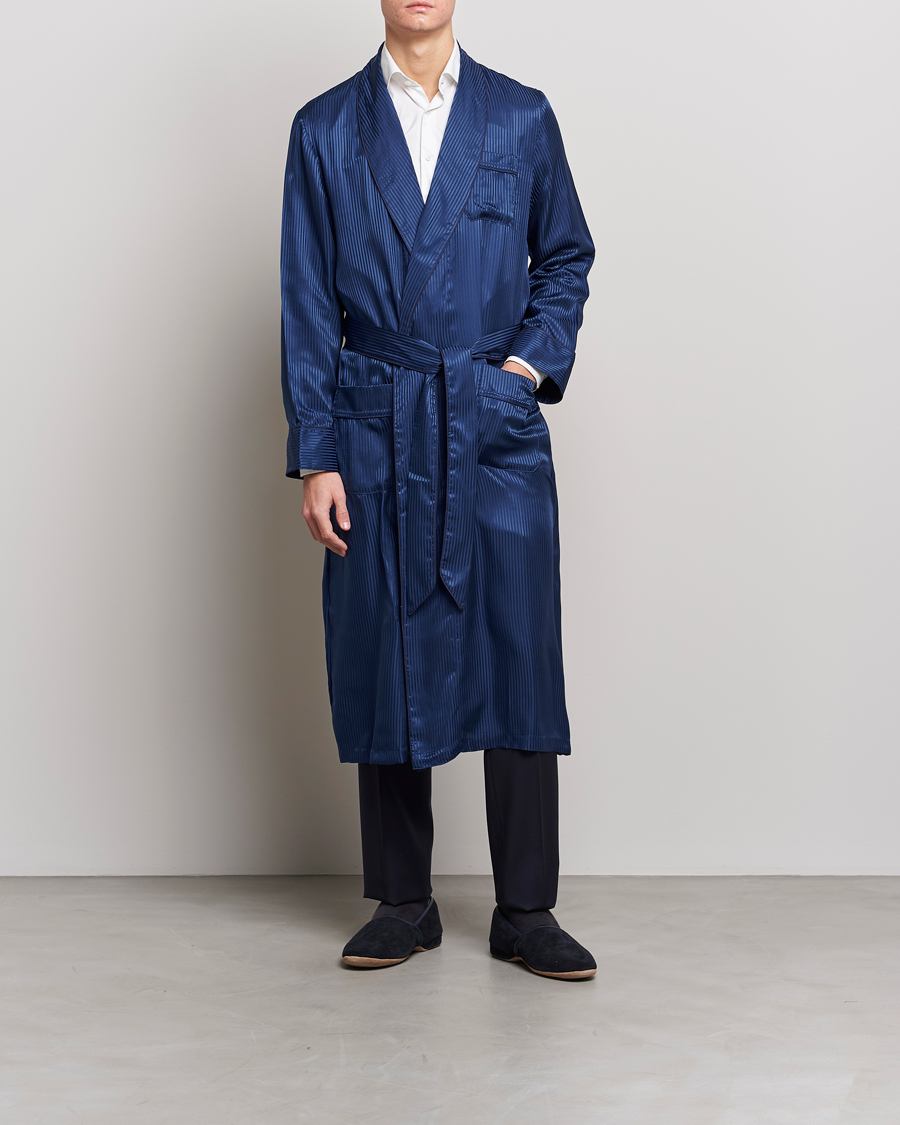 Homme | Peignoirs Et Pyjamas | Derek Rose | Pure Silk Striped Dressing Gown Navy