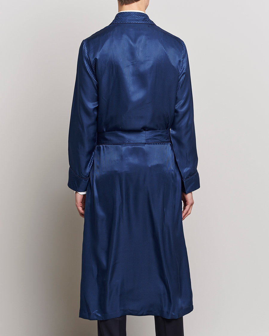 Homme | Peignoirs Et Pyjamas | Derek Rose | Pure Silk Striped Dressing Gown Navy