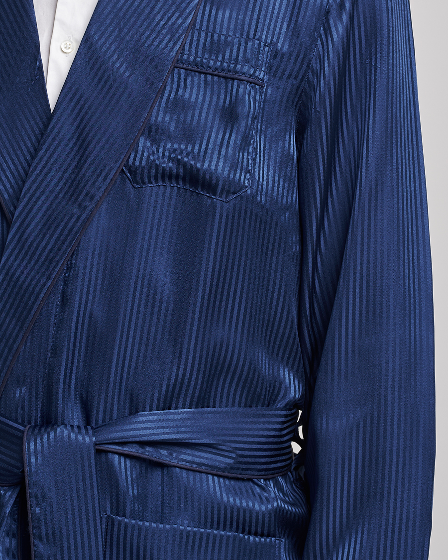 Homme | Peignoirs Et Pyjamas | Derek Rose | Pure Silk Striped Dressing Gown Navy