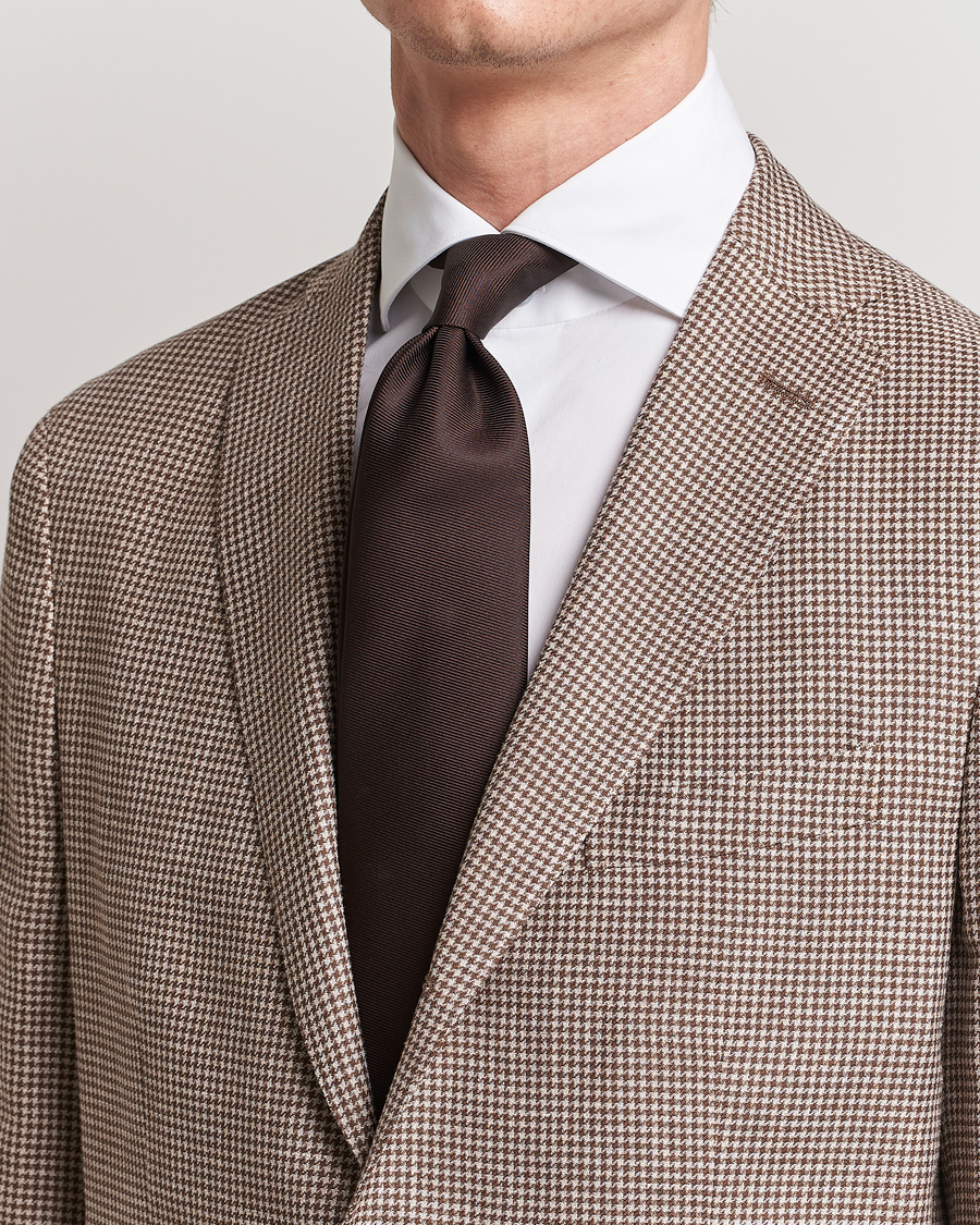 Homme | Preppy Authentic | Drake's | Handrolled Woven Silk 8 cm Tie Brown