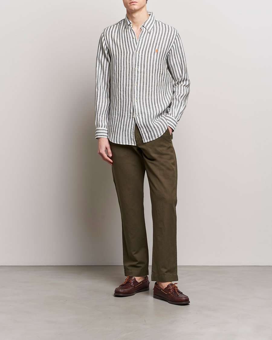 Homme | Chemises | Polo Ralph Lauren | Custom Fit Striped Linen Shirt Olive/White