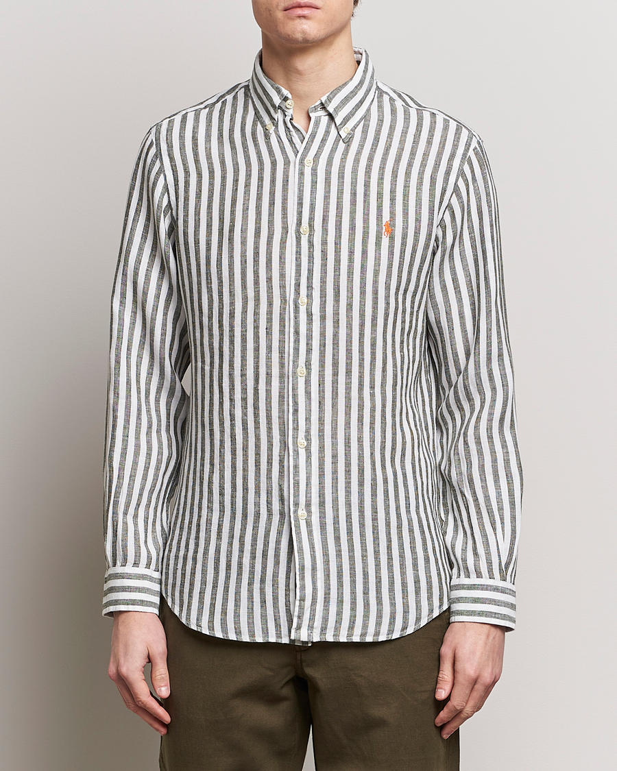 Homme | Chemises En Lin | Polo Ralph Lauren | Custom Fit Striped Linen Shirt Olive/White
