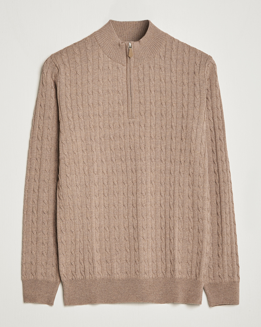 Homme | Pulls Et Tricots | Stenströms | Merino Wool Cable Half Zip Camel