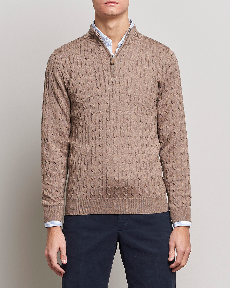Homme | Pulls Et Tricots | Stenströms | Merino Wool Cable Half Zip Camel