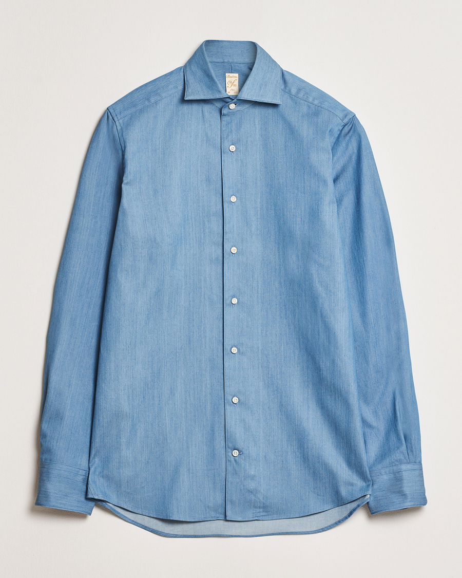 Homme | Chemises | Stenströms | 1899 Slim One Piece Collar Cotton Denim Shirt Mid Blue