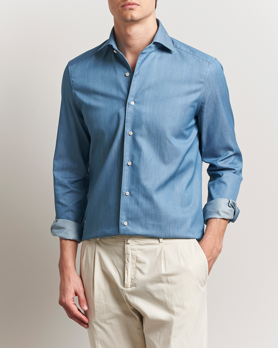 Homme | Chemises | Stenströms | 1899 Slim One Piece Collar Cotton Denim Shirt Mid Blue