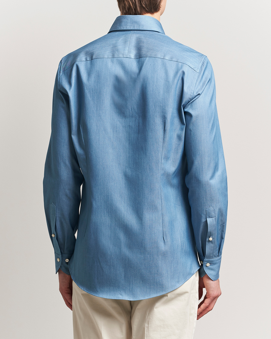 Homme | Chemises | Stenströms | 1899 Slim One Piece Collar Cotton Denim Shirt Mid Blue