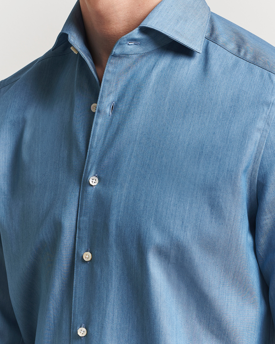 Homme | Chemises | Stenströms | 1899 Slim One Piece Collar Cotton Denim Shirt Mid Blue