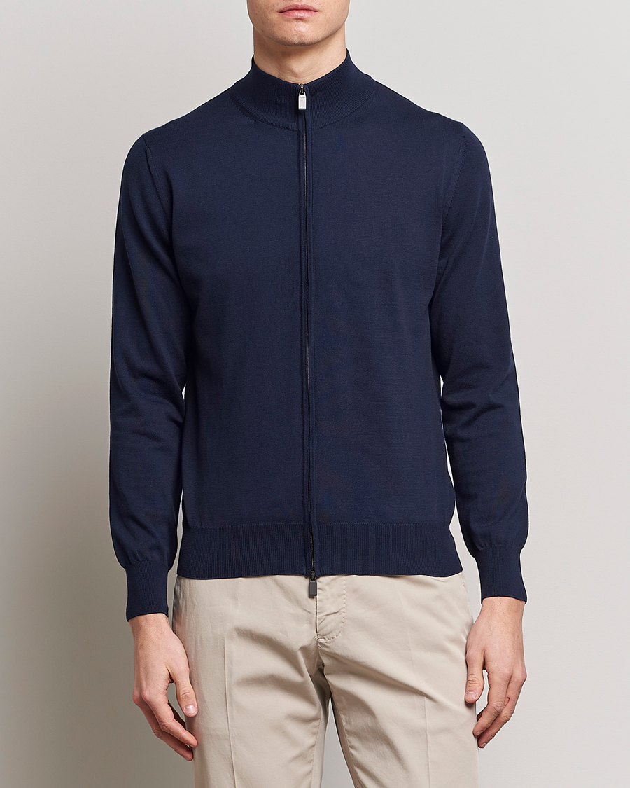 Homme | Pulls Et Tricots | Canali | Cotton Full Zip Sweater Navy